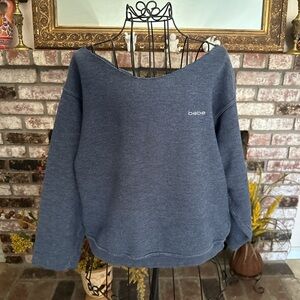 Bebe Off the shoulder Frayed Ribbed Pullover Sweater